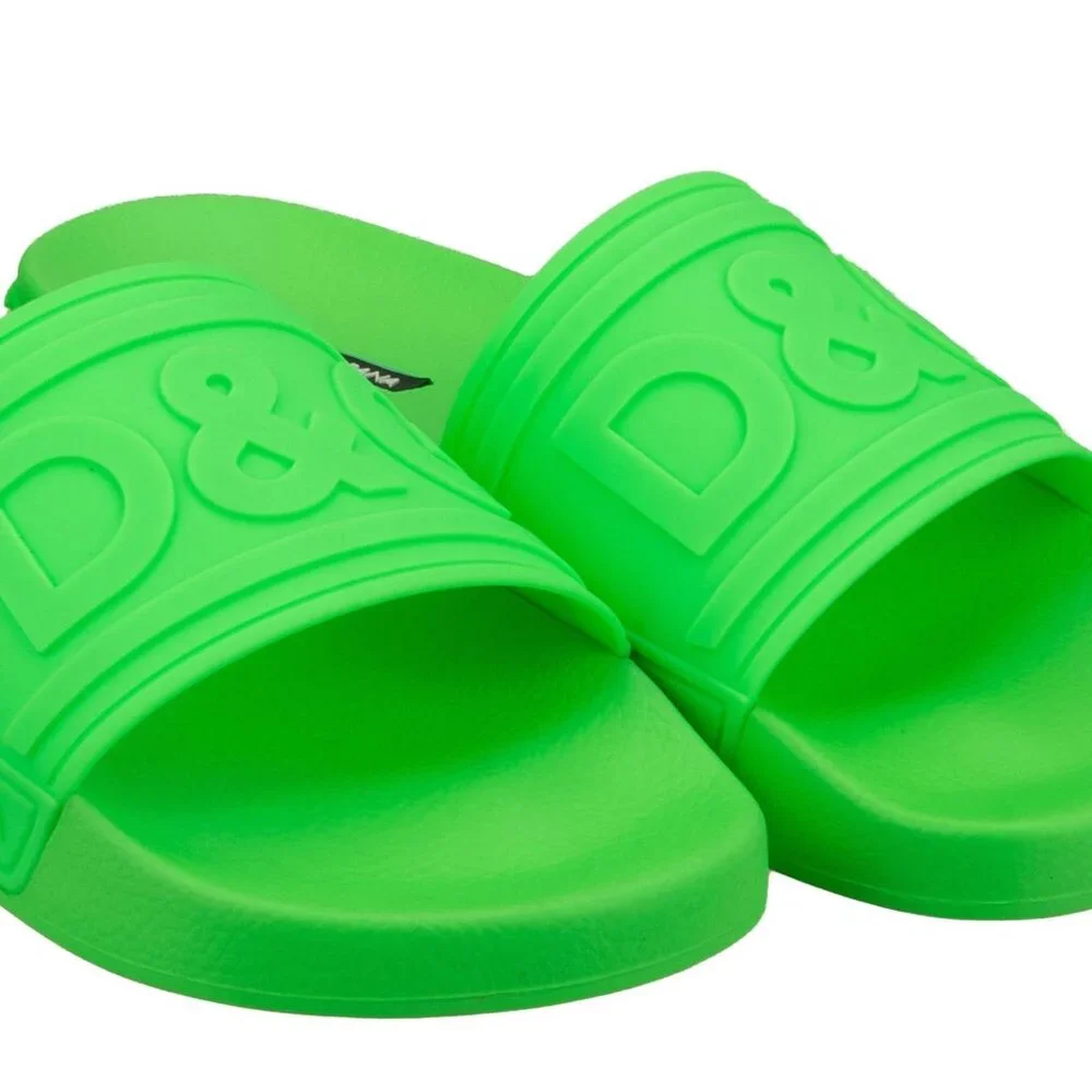 Mens Dolce & Gabbana Slides Sandals D&G Logo Neon Green 43 UK 9 US 10 NIB
